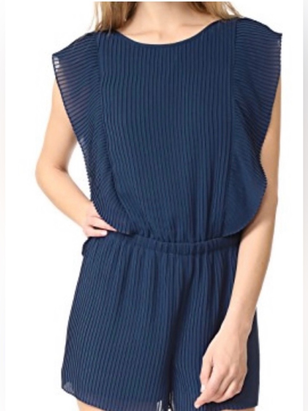 Club Monaco Jonet Navy Chiffon Plissée Romper w split Flutter Sleeves